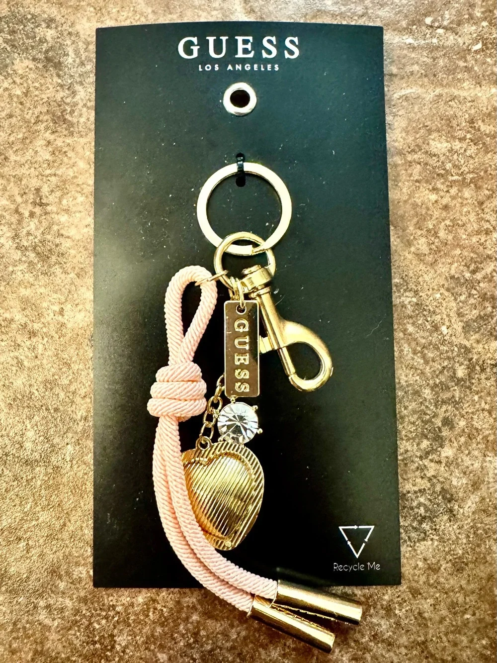 GUESS Gold-Tone Heart Crystal Keyring with Pink Cord Tassel